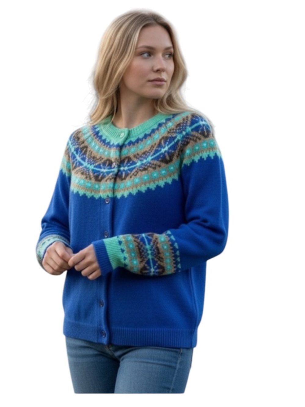 Talbots Blue Fair Isle Knit Cardigan Sweater Buttons Lambswool  Cozy Size Small